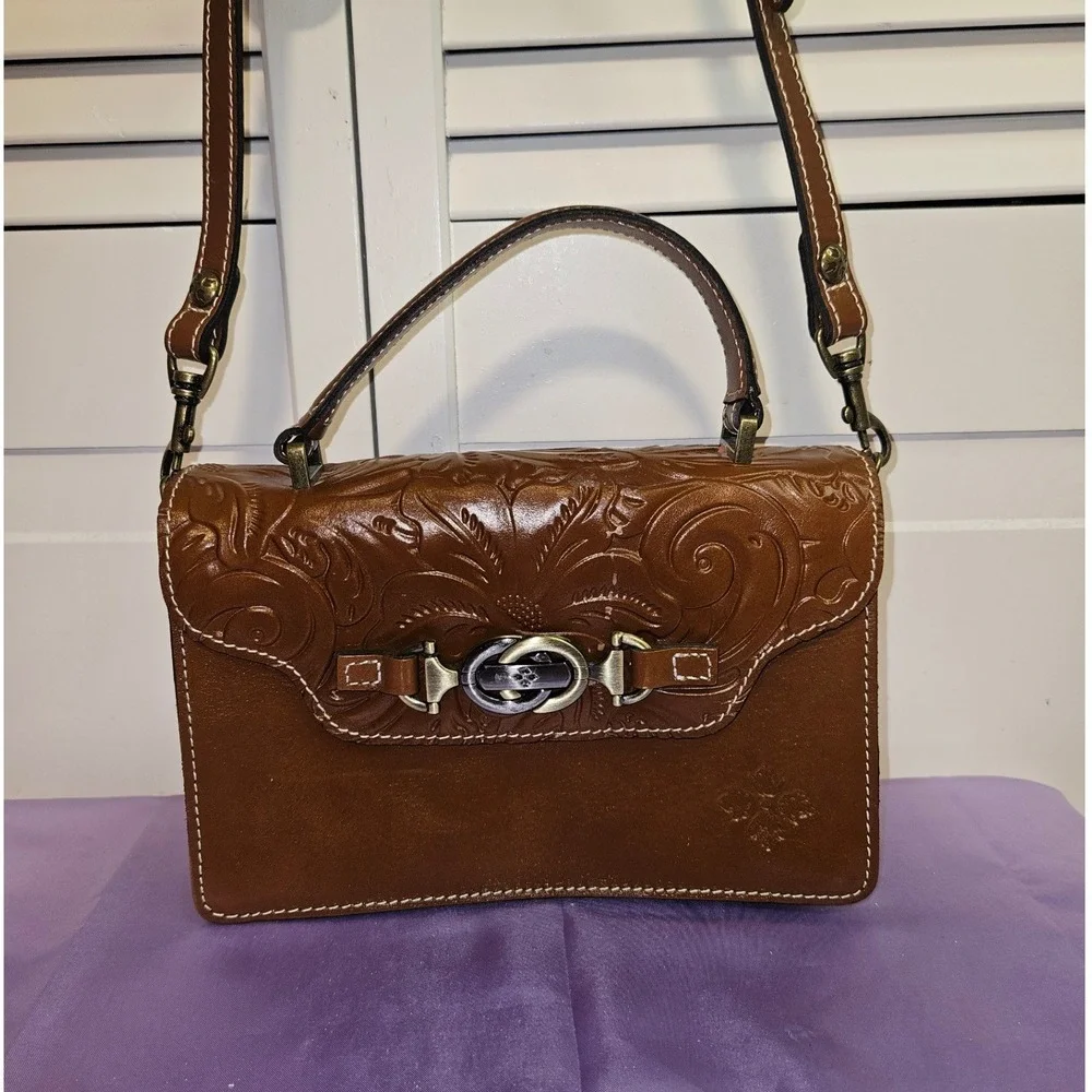 Patricia‎ Nash Brown Tooled Leather Floral Crossbody Satchel Bag Top Handle